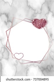 Minimalist background with geometric shapes, lines, romantic concept, marble texture, template in trendy minimalistic style, heart silhouette, gold rose glitter, frame, vector wallpaper