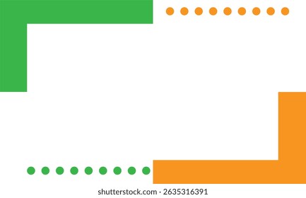 Arrière-plan minimaliste avec blocs d'angle verts et orange et accents en pointillés. Idéal pour les bannières, les présentations ou les présentations de design moderne avec un espace de copie suffisant au centre.