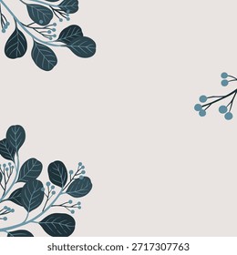 Fondo minimalista con un fondo beige claro e ilustraciones botánicas azules. El fondo beige añade una textura suave y elegante. Fondo con Vector de espacio de copia.