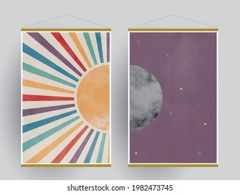 Minimalist background set with sun and moon. Abstract contemporary design for print, cover, wallpaper, wall art. Vector illustration.