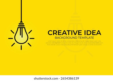 Minimalist background template with a hanging light bulb icon featuring smooth glowing on yellow background. Perfect for background template, creative idea, innovation, presentation, and business.