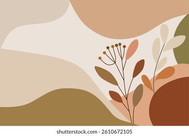 Minimalist background using aesthetic earthy colors such as warm beige, terracotta, olive green, and muted brown. Incorporate gentle abstract shapes and delicate floral elements.