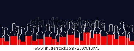 Minimalist background with wine bottles along the bottom edge. Vector illustration. Simple line flat bottle icon. Banner template.