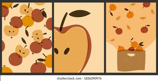 Minimalist backgrounds with fresh fruits for grocery store advertising, web design. Illustrations with vegan products. Bright set of abstract posters with apples in pastel colors.