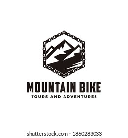 Minimalist badge emblem bicycle, bike, bike shop, bike club logo icon vector illustration with chains and mountain concept.