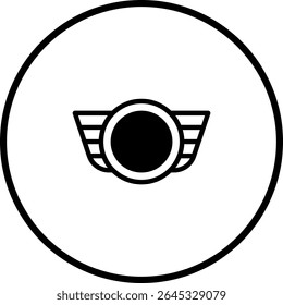 Ícone de emblema minimalista com asas e um círculo central dentro de um círculo maior