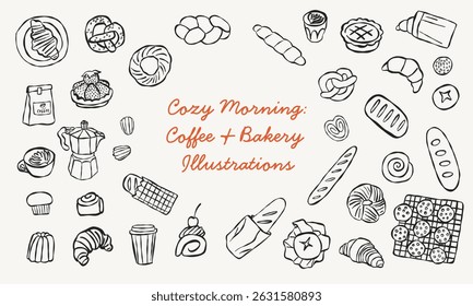 Minimalist Bakery and Coffee Doodle Set. Vector Hand Drawn Aesthetic Clipart. All elements are isolated.