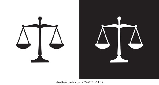 Icono de escala equilibrada minimalista en blanco y negro que representa la justicia y la igualdad