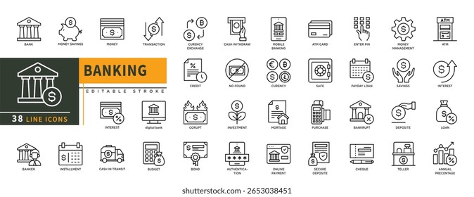 Minimalist Banking line icons set with editable stroke, featuring bank, money saving, money, transaction, curency exchange, corupt, cash in transit, investment, purchase. thin linear illustration.