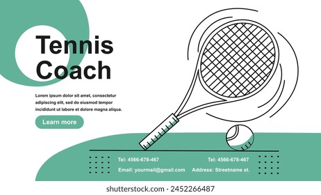 A minimalist banner, cover for social networks with a racket and a ball that advertises personal tennis lessons, training, tennis court.. Fully customizable text.