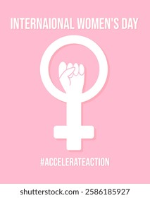 Minimalist banner for International Women's Day with the theme for 2025 - Accelerate Action (#accelerateaction). Banner for social media with feminism symbol on pink background