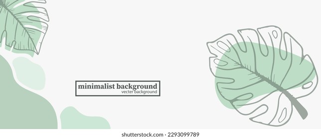 Minimalist banner template background. Green colour leaves with pastel background. Organic abstract shapes and line. Minimalist style. Pastel background.