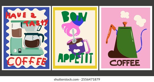 Minimalist banners for wall decor, prints, wallpaper in cartoon flat style. Decor for kitchens, cafes and coffee shop. Hot aroma coffee drinks. Cute retro coffee posters