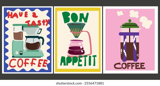 Minimalist banners for wall decor, prints, wallpaper in cartoon flat style. Decor for kitchens, cafes and coffee shop. Hot aroma coffee drinks. Cute retro coffee posters