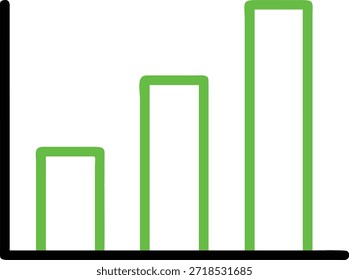 Un gráfico de barras minimalista con tres barras de altura creciente, representado en contornos verdes vibrantes sobre un fondo blanco. El gráfico está diseñado con ejes negros gruesos, que representan un crecimiento positivo o una tendencia al alza. La simplicidad del diseño lo hace versátil para varios contextos de visualización de datos.
