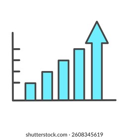 Minimalist bar chart with upward arrow symbol business growth and success. Flat vector design with blue tones on white background.