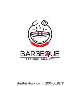 minimalist barbeque logo in style line and outline, grill and crossed fork spatula design, restaurant logo,menu vector template icon
