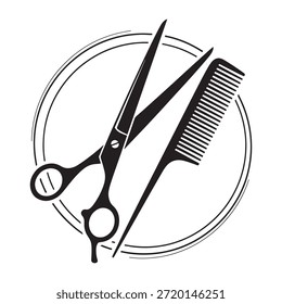 Logotipo minimalista de peluquería con tijeras y peine en un marco circular, perfecto para la marca de peluquería, logotipos de peluquería y servicios de aseo.