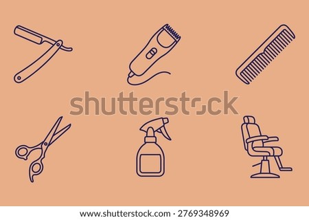 Minimalist Barber Shop Icon Set, Thin Line Haircut Salon Tools Vector Art Symbols