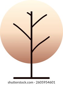 Minimalist bare tree silhouette with brownish gradient circle backdrop, featuring simple line art and a warm, neutral palette