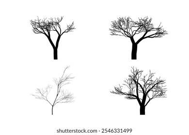 Minimalist bare tree silhouettes: black and white winter-themed art for decor, graphic design, web, or nature-inspired projects.