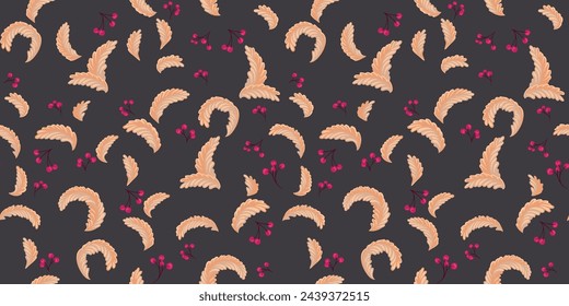Minimalist baroque decorative seamless pattern of creative forms monogram and abstract tiny branches berries on a dark background. Vector hand drawn. Ornament vintage patterned. Collage template 