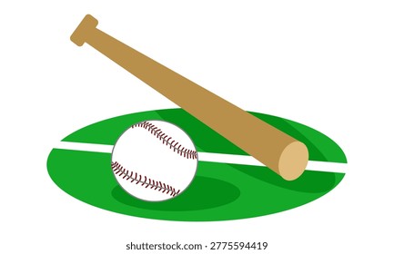 Minimalist Baseball Bat and Ball Illustration on Green Field with Foul Line