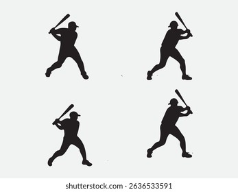 Minimalist baseball silhouettes featuring athletes with bats in batting and throwing stances