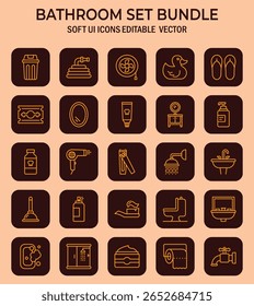 Minimalist bathroom essentials icons set with soft user interface design elements featuring varied facilities and
