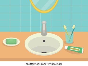 Minimalist bathroom interior. Washbasin with soap, brushes and toothpaste, mirror. Flat vector subject illustration.