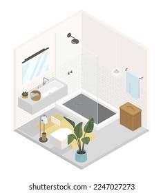 Minimalist bathroom - modern vector colorful isometric illustration. White tile boar, shower, mirror, sink, toilet, laundry basket, soft towel and rug. Interior design and apartment style idea