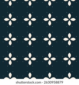 Minimalist Batik Floral Petal Seamless Pattern in Deep Teal Background. Structured Symmetrical Geometric Flower Tile Seamless Repeat Pattern.