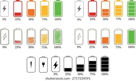 Conjunto De Ícones De Nível De Carga De Bateria Minimalista. Estados Baixo, Médio, Alto e de Carregamento. Símbolos de status de energia do vetor