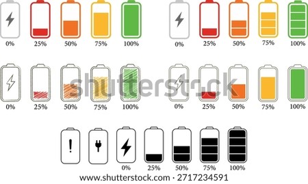 Minimalist Battery Charge Level Icon Set. Low, Medium, High, and Charging States. Vector Power Status Symbols
