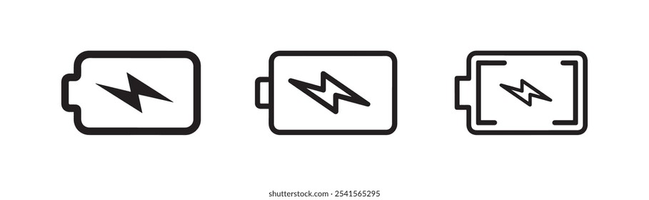 Minimalist battery icons with lightning bolt symbols in different styles perfect for energy and technology projects available in high-quality vector format.