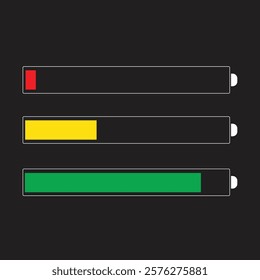 Minimalist Battery Indicators with Color-Coded Progress Bars on Dark Background