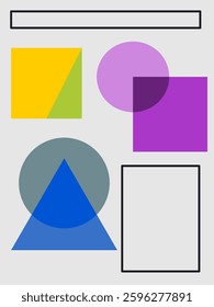 Minimalist Bauhaus abstract design featuring colorful geometric shapes such as triangles, circles, and rectangles