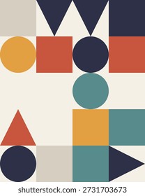 Una composición minimalista inspirada en la Bauhaus que presenta círculos, cuadrados y triángulos audaces en una paleta de colores retro sobre un fondo crema limpio.