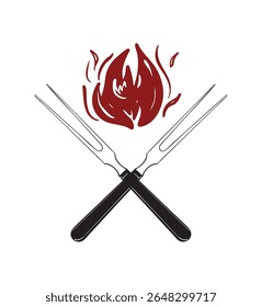 Ícone minimalista de utensílios para churrasco com garfo cruzado e chama em um estilo de emblema ousado. Excelente para marca de grelha, equipamento de chef, ferramentas de cozinha, eventos para churrasco, embalagem de alimentos e designs de cozinha.