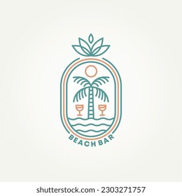 minimalist beach bar summer club badge logo template vector illustration design. simple modern tropical coconut palm tree with cocktail emblem logo concept