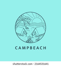 Minimalist beach camping logo line art illustration template design