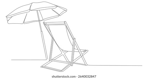 Minimalist Beach Deck Chair with Umbrella – Continuous Line Vector Illustration	
