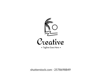 minimalist beach logo with coconut tree waves and sun in linear line art design style
