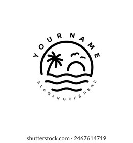 minimalist beach logo design. Simple line illustration of beach, palm trees and waves for business identity
