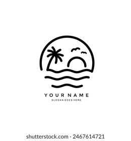 minimalist beach logo design. Simple line illustration of beach, palm trees and waves for business identity