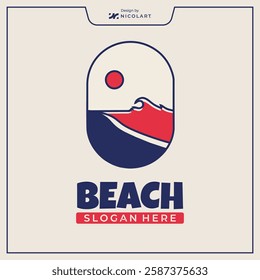 Minimalist beach logo with geometric waves and sunset in vector format as a branding element for beach-themed businesses