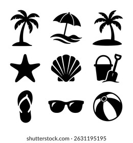 Gráficos minimalistas del Vector de la playa y del océano, conjunto del icono del verano