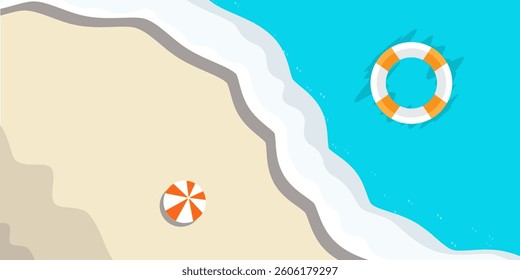Minimalist beach scene with a ball on the sand and a lifebuoy floating in clear blue water