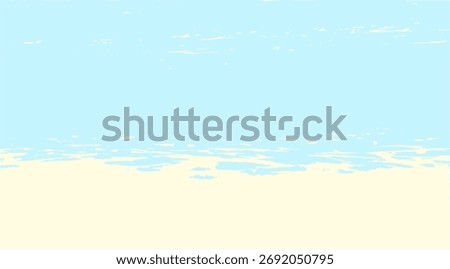 Minimalist beach scene with a light blue sky featuring subtle white clouds and a sandy shoreline with light yellow hues, creating a tranquil and calming coastal vista