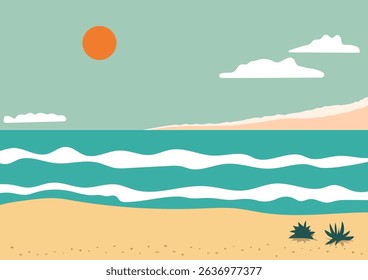Minimalist beach scene with ocean waves and a sun. Tropical travel and summer vacation concept. Relaxing coastal landscape.